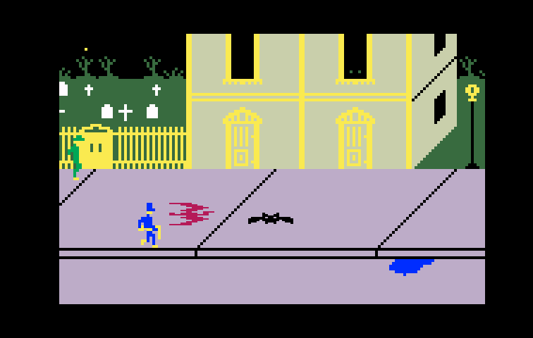 Dracula Intellivision Screenshot: The constable is in pursuit! As a bat, other dangers appear as well...