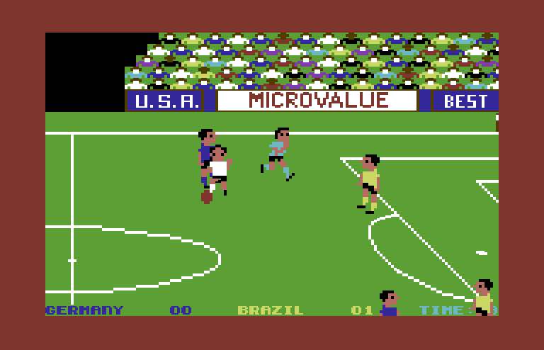 World Cup Soccer Commodore 64 Screenshot: The light colored players are the active ones that can be controlled.