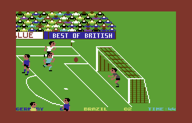 World Cup Soccer Commodore 64 Screenshot: Defending the goal on the right side of the field...