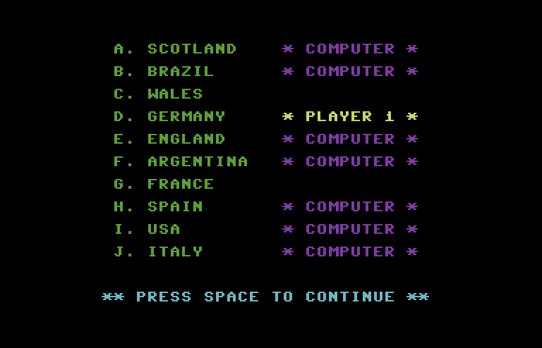 World Cup Soccer Commodore 64 Screenshot: Setting up the teams.