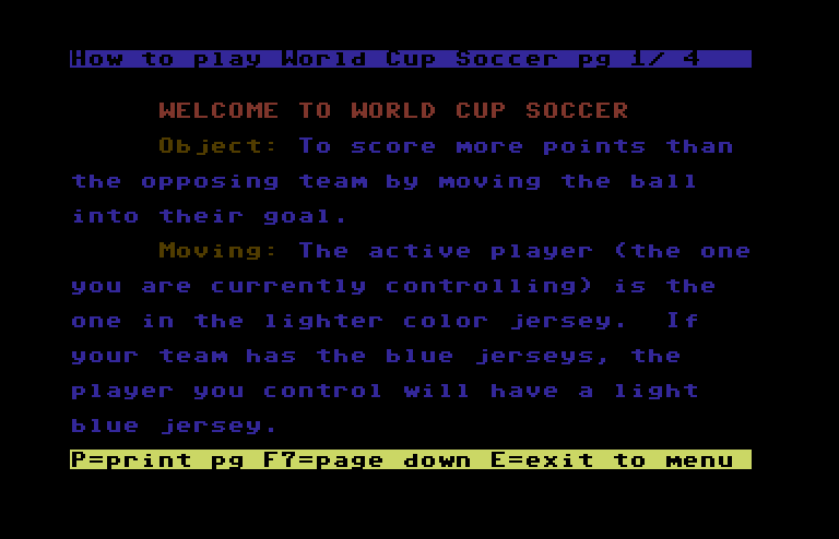 World Cup Soccer Commodore 64 Screenshot: The game includes instructions on disk as well as printed versions.