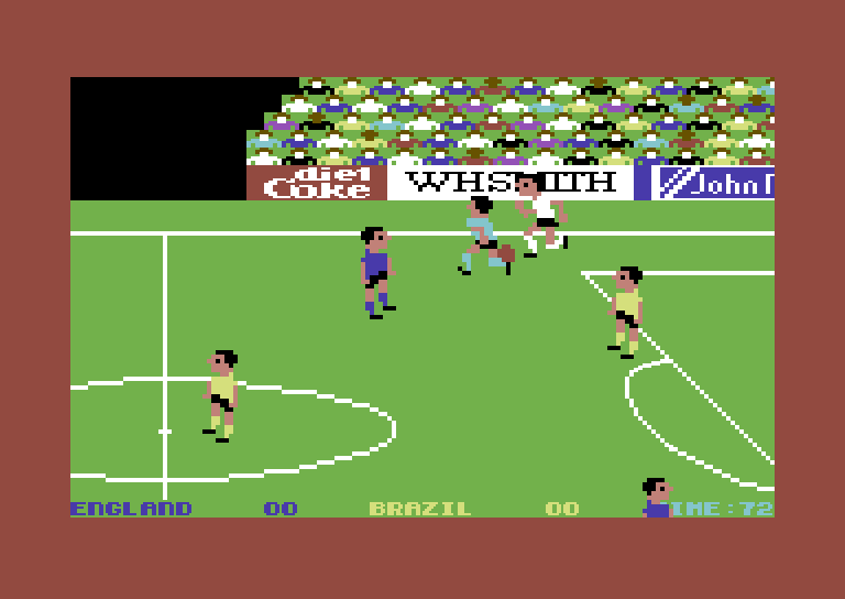 World Cup Soccer Commodore 64 Screenshot: The light colored players are the active ones.