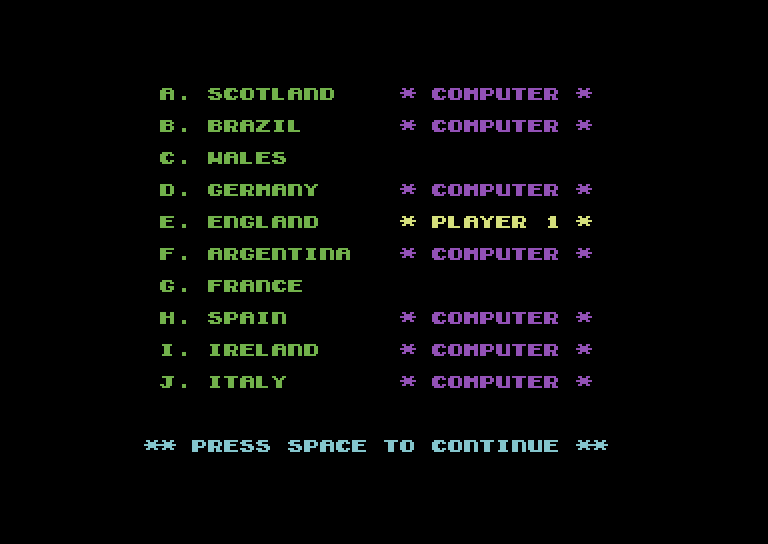 World Cup Soccer Commodore 64 Screenshot: Other teams will be controlled by the computer.