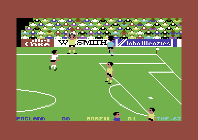 World Cup Soccer Commodore 64 Screenshot: Throwing the ball in from the sideline.