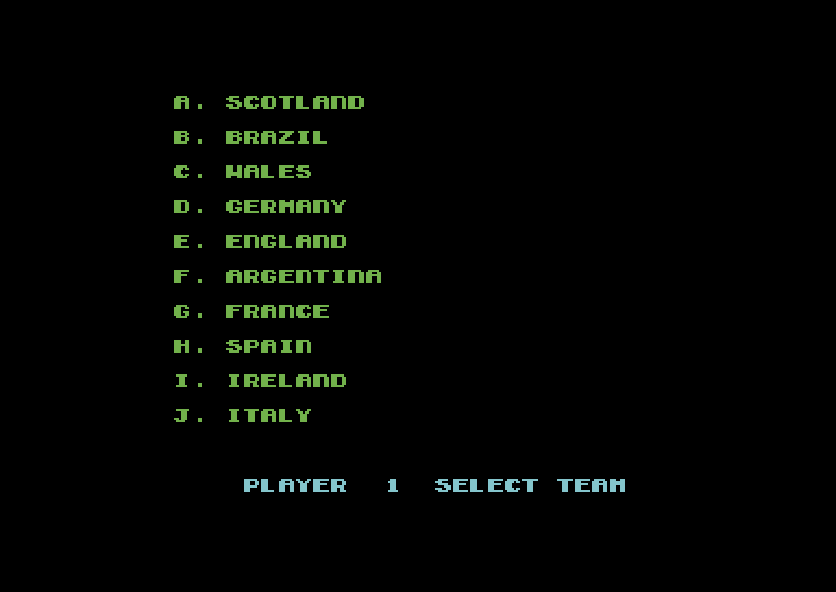 World Cup Soccer Commodore 64 Screenshot: Select a team.