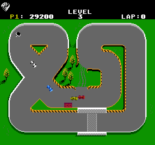 Super Sprint NES / Famicom Screenshot: Watch out for the oil on the track in the upper left!