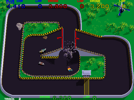 Super Sprint Arcade Screenshot: Crash! I didn't make it over the bridge...
