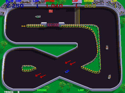 Super Sprint Arcade Screenshot: This race is trickier and the computer cars pull ahead...