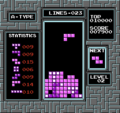 Tetris NES / Famicom Screenshot: Looking for a spot to fit this angled piece into.
