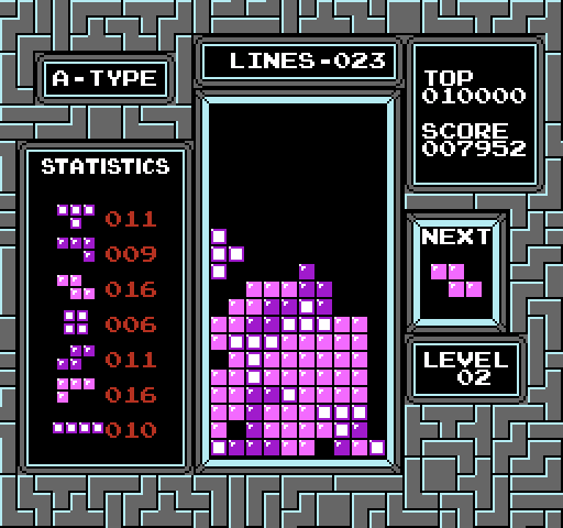 Tetris NES / Famicom Screenshot: The "T" shaped piece falls into an open space...