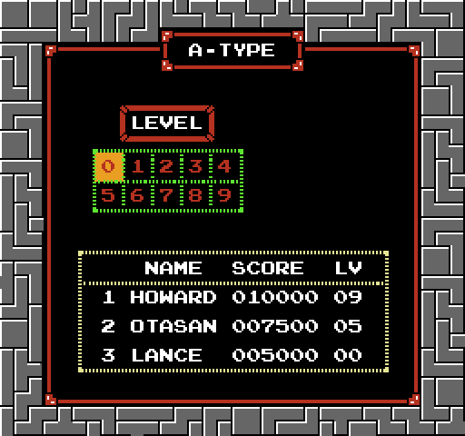 Tetris NES / Famicom Screenshot: Select a skill level.