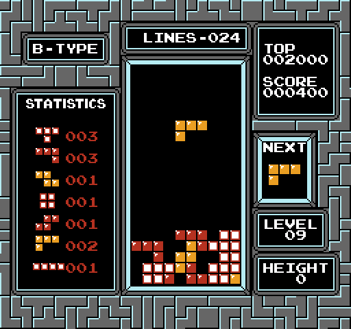 Tetris NES / Famicom Screenshot: Game B; on level 9, the pieces fall very fast!