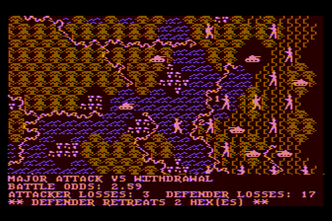 Battle of the Bulge: Tigers in the Snow, The Atari 8-bit Screenshot: Defender retreats 2 hexes!