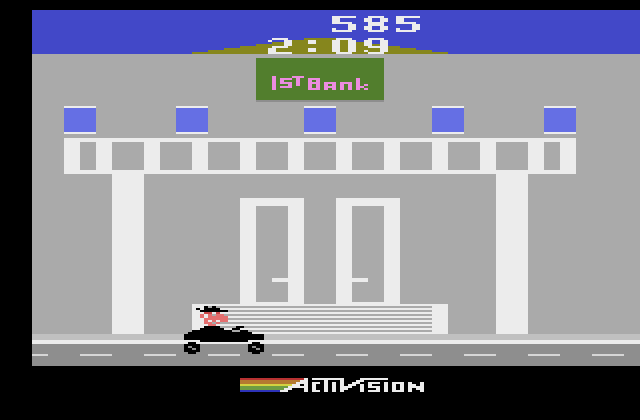 Private Eye Atari 2600 Screenshot: If you find any stolen money, return it to the bank.