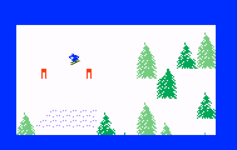 Mountain Madness: Super Pro Skiing Intellivision Screenshot: Skiing to the next gate...