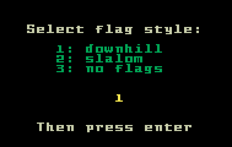 Mountain Madness: Super Pro Skiing Intellivision Screenshot: Select a flag style.