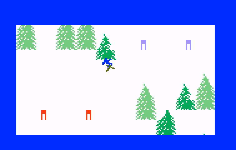 Mountain Madness: Super Pro Skiing Intellivision Screenshot: Don't crash into the trees!