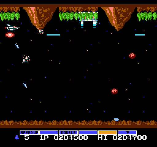 Gradius NES / Famicom Screenshot: Another pair of volcanoes, this time upside down.