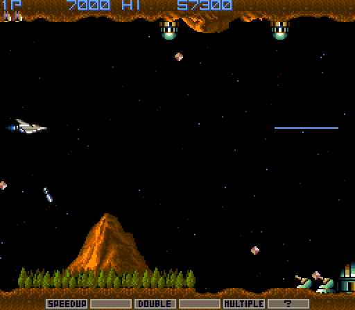 Gradius Arcade Screenshot: Watch out for fire from both above and below...