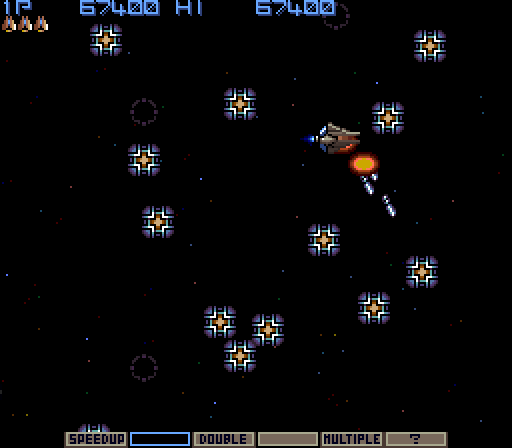 Gradius Arcade Screenshot: Near the end of the level enemies appear out of nowhere!