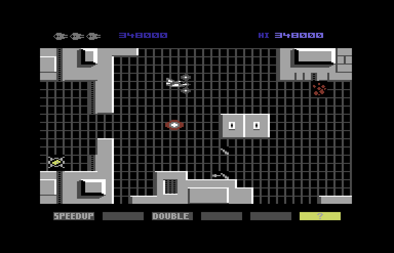 Gradius Commodore 64 Screenshot: Some parts of the cavern are narrow and tough to fit through!