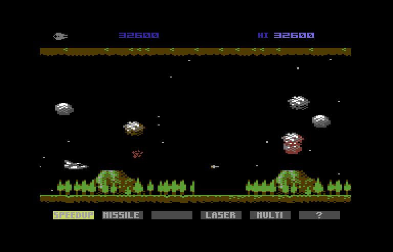 Gradius Commodore 64 Screenshot: Volcanoes at the end of the stage.
