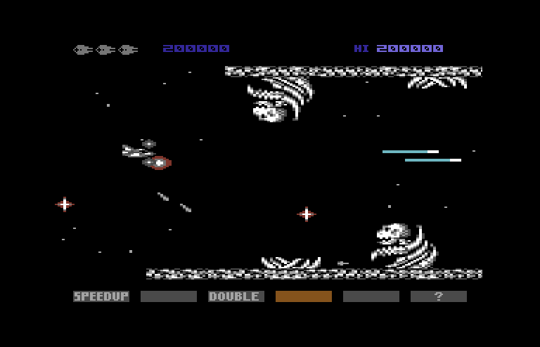 Gradius Commodore 64 Screenshot: Skeletons begin to appear.