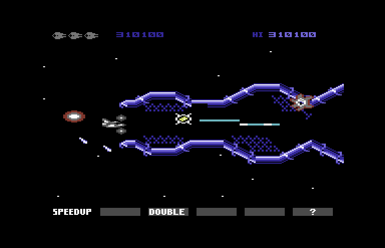 Gradius Commodore 64 Screenshot: The path gets narrow...