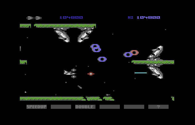 Gradius Commodore 64 Screenshot: Moai heads attacking!
