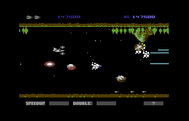 Gradius Commodore 64 Screenshot: Another volcano, this time upside down.
