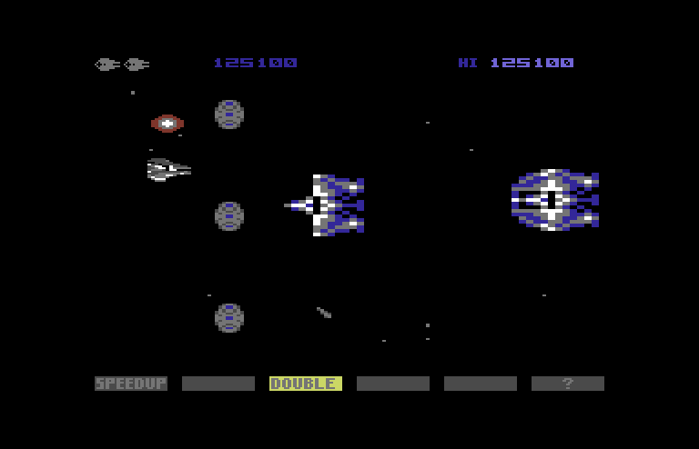 Gradius Commodore 64 Screenshot: Onslaught of large ships ends this stage...