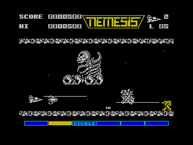 Gradius ZX Spectrum Screenshot: One opponent destroyed, but there will be more!