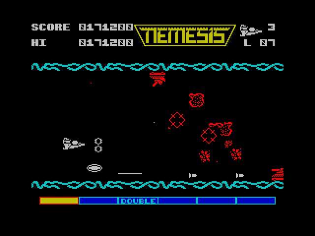 Gradius ZX Spectrum Screenshot: Having the force field can help, but it also can be destroyed quickly!
