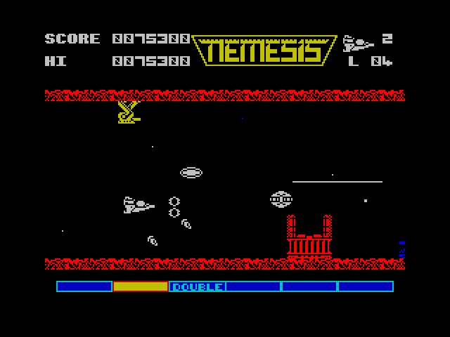 Gradius ZX Spectrum Screenshot: Stage 4 is similar to the first stage, but more difficult...
