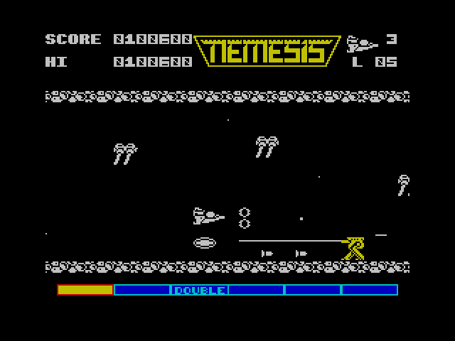 Gradius ZX Spectrum Screenshot: There's a lot to dodge in this area, you'll need to be quick!