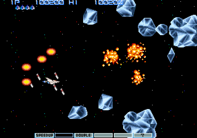 Vulcan Venture Arcade Screenshot: You can destroy the crystals; but there's plenty more to take their place!
