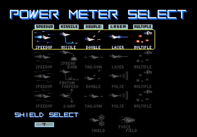 Vulcan Venture Arcade Screenshot: Power meter select screen.