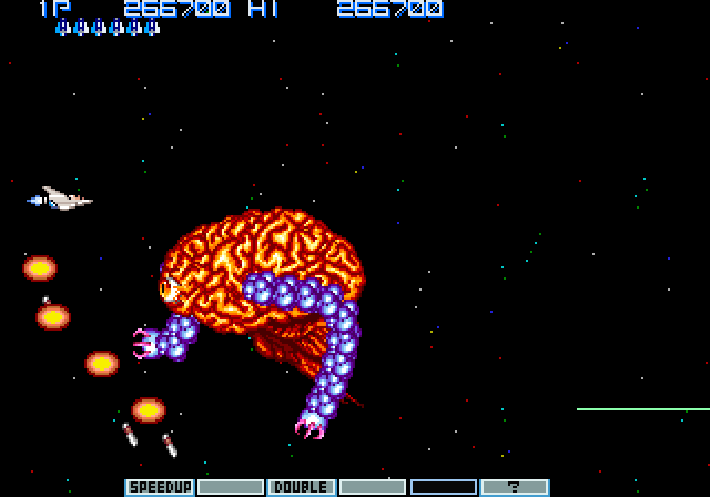 Vulcan Venture Arcade Screenshot: Boss Rush; fighting Golem...