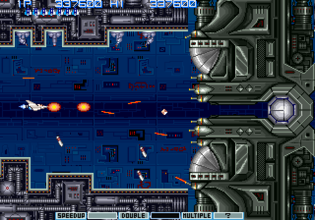 Vulcan Venture Arcade Screenshot: Stage 8 mini-boss; you'll need to avoid the rapid fire here!