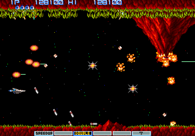 Vulcan Venture Arcade Screenshot: Volcanoes shoot numerous rocks towards you quite rapidly!