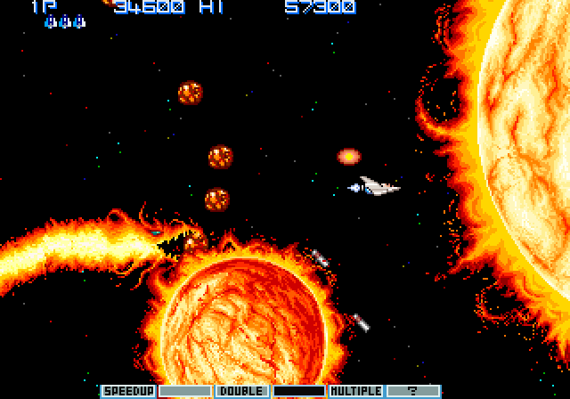 Vulcan Venture Arcade Screenshot: The screen scrolls vertically in this part of the game to follow the players movement.