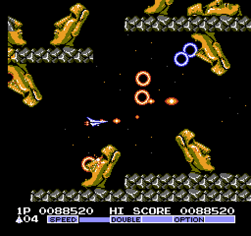 Vulcan Venture NES / Famicom Screenshot: Some class Gradius Moai heads attack...