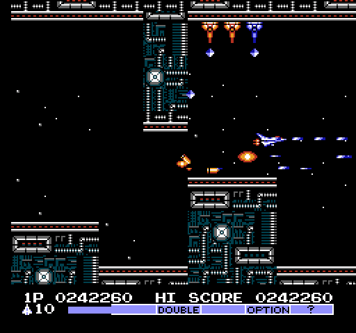 Vulcan Venture NES / Famicom Screenshot: Moving walls and lots of enemy fire make this area challenging!