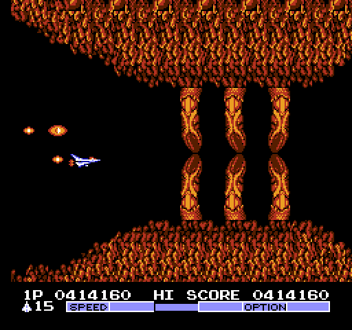 Vulcan Venture NES / Famicom Screenshot: Careful timing is needed to get through this barricade.