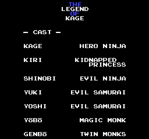 Legend of Kage, The NES / Famicom Screenshot: Our cast of characters...