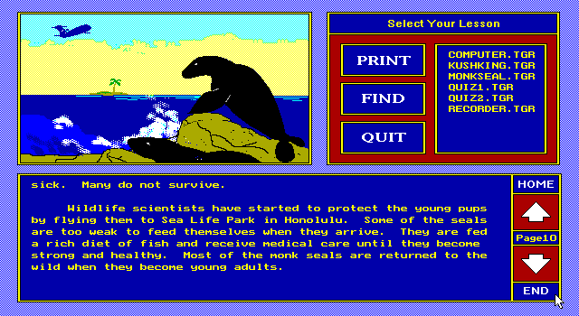 Quiz Kids: Adventure in the Mystery Maze, The IBM PC/Compatibles Screenshot: Reading about the monk seals.