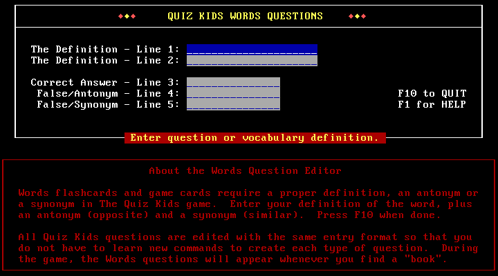 Quiz Kids: Adventure in the Mystery Maze, The IBM PC/Compatibles Screenshot: You can create your own question files.