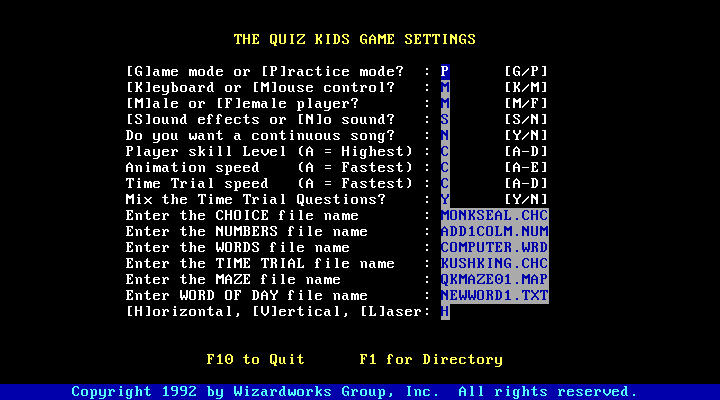 Quiz Kids: Adventure in the Mystery Maze, The IBM PC/Compatibles Screenshot: There are a number of game settings to choose from.