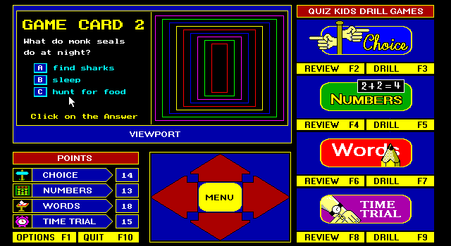 Quiz Kids: Adventure in the Mystery Maze, The IBM PC/Compatibles Screenshot: Game cart 2; what's the answer?