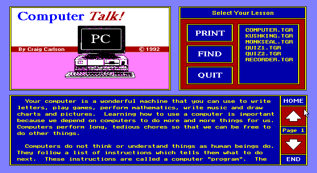 Quiz Kids: Adventure in the Mystery Maze, The IBM PC/Compatibles Screenshot: You can even read about your computer! Pay attention, there's a quiz later...